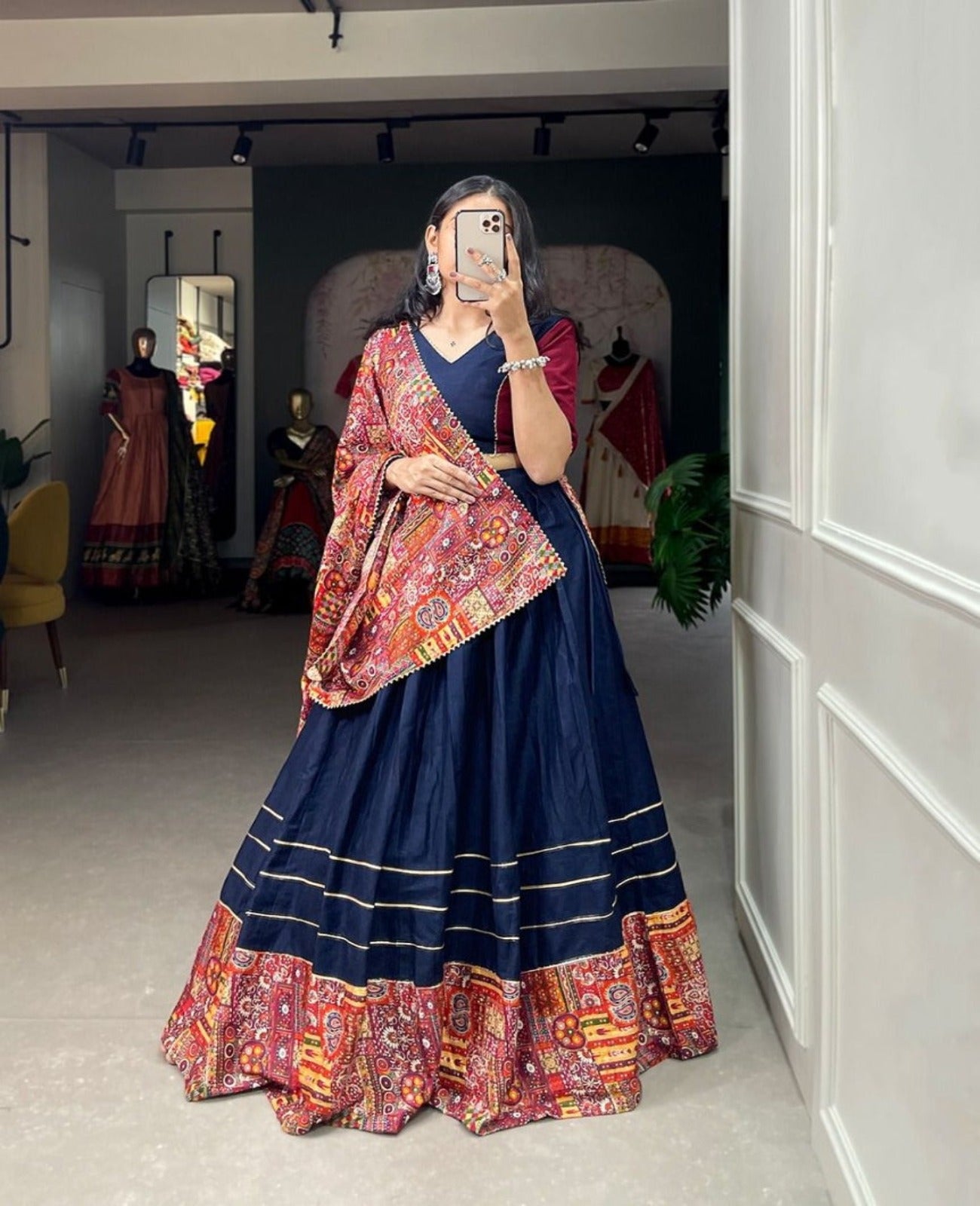 Blue-Red Cotton Navaratri Lehnga - Shopaholics Choice