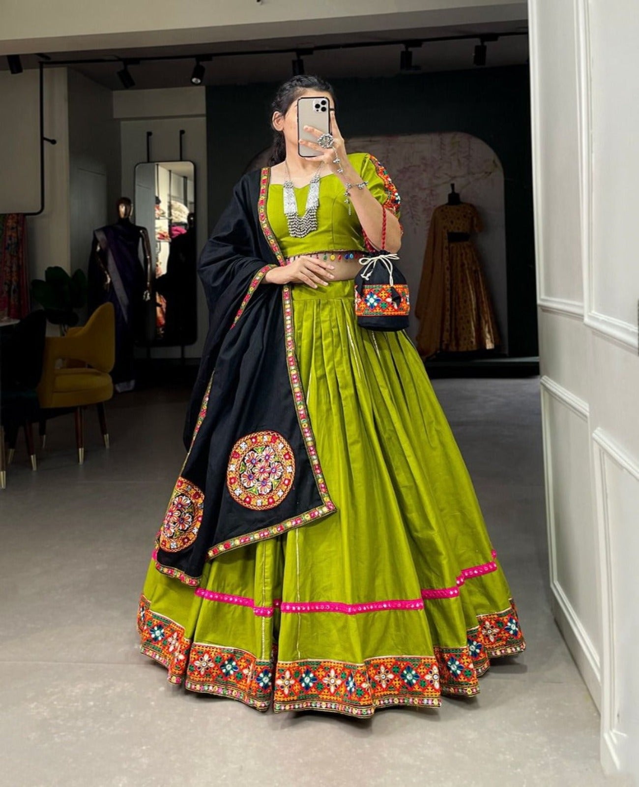 Green-Black Cotton Gamthi Work Navaratri Lehnga - Shopaholics Choice