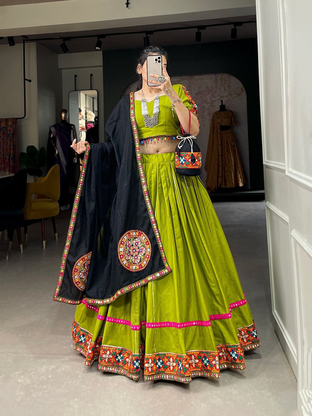 Green-Black Cotton Gamthi Work Navaratri Lehnga - Shopaholics Choice