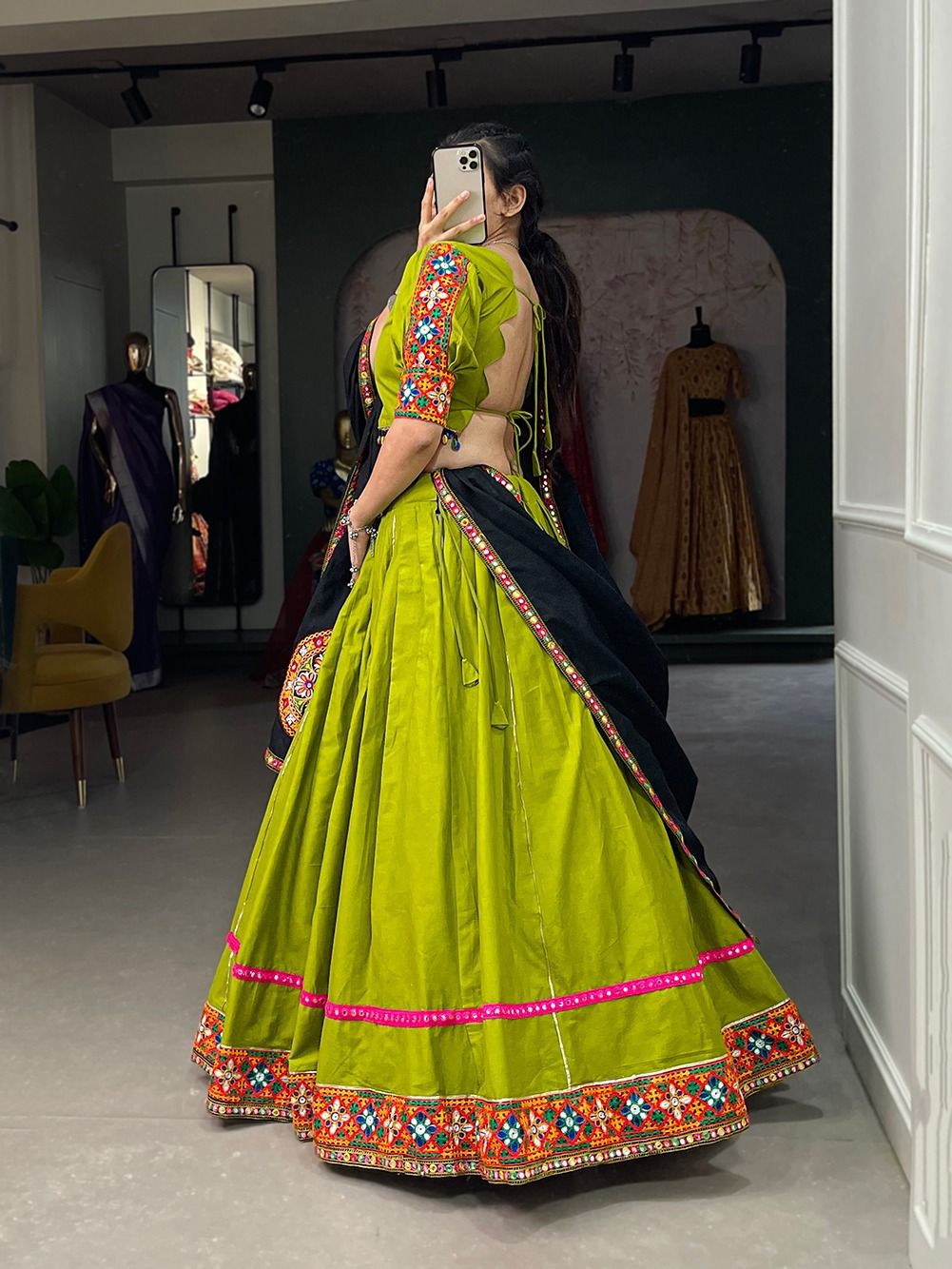 Green-Black Cotton Gamthi Work Navaratri Lehnga - Shopaholics Choice