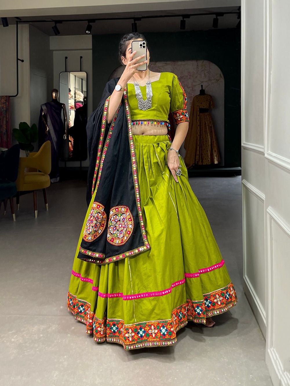 Green-Black Cotton Gamthi Work Navaratri Lehnga - Shopaholics Choice