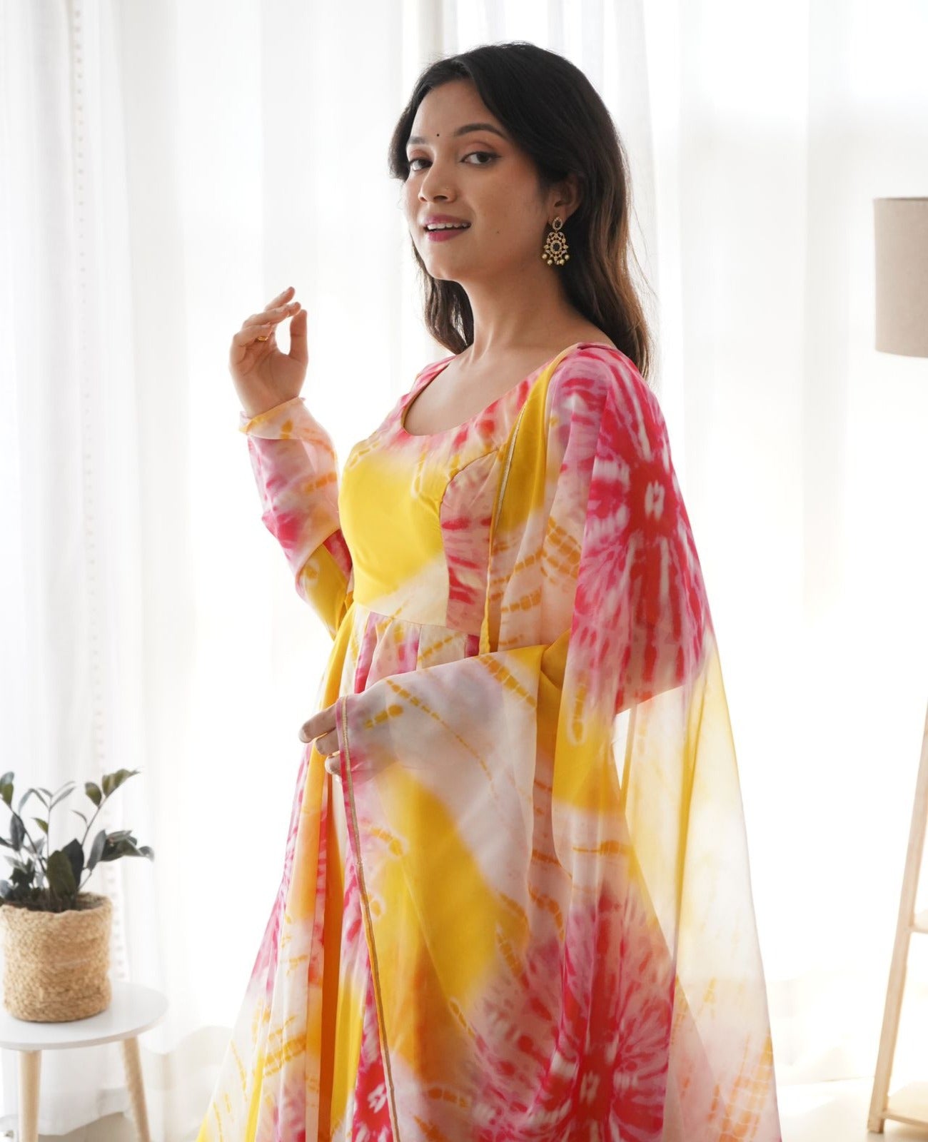 Yellow-Pink Organza Printed Anarkali - Shopaholics Choice