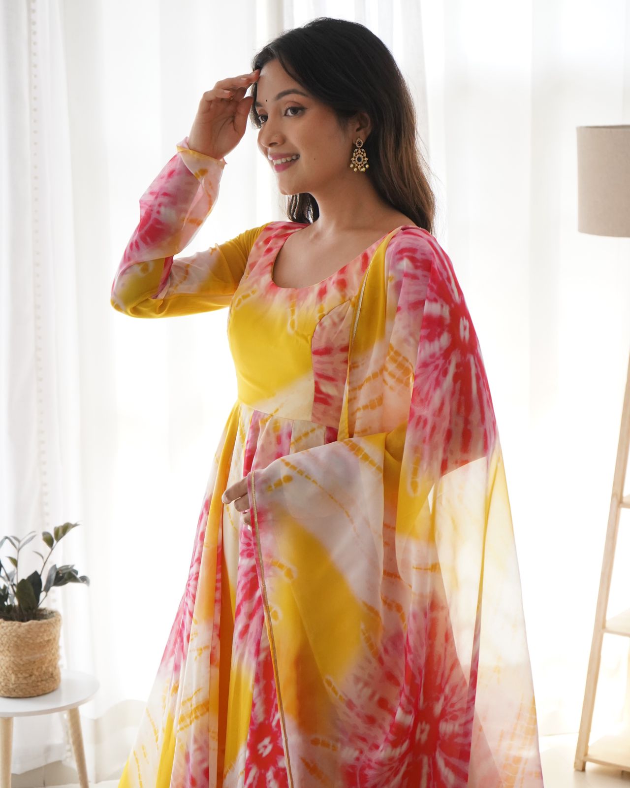 Yellow-Pink Organza Printed Anarkali - Shopaholics Choice