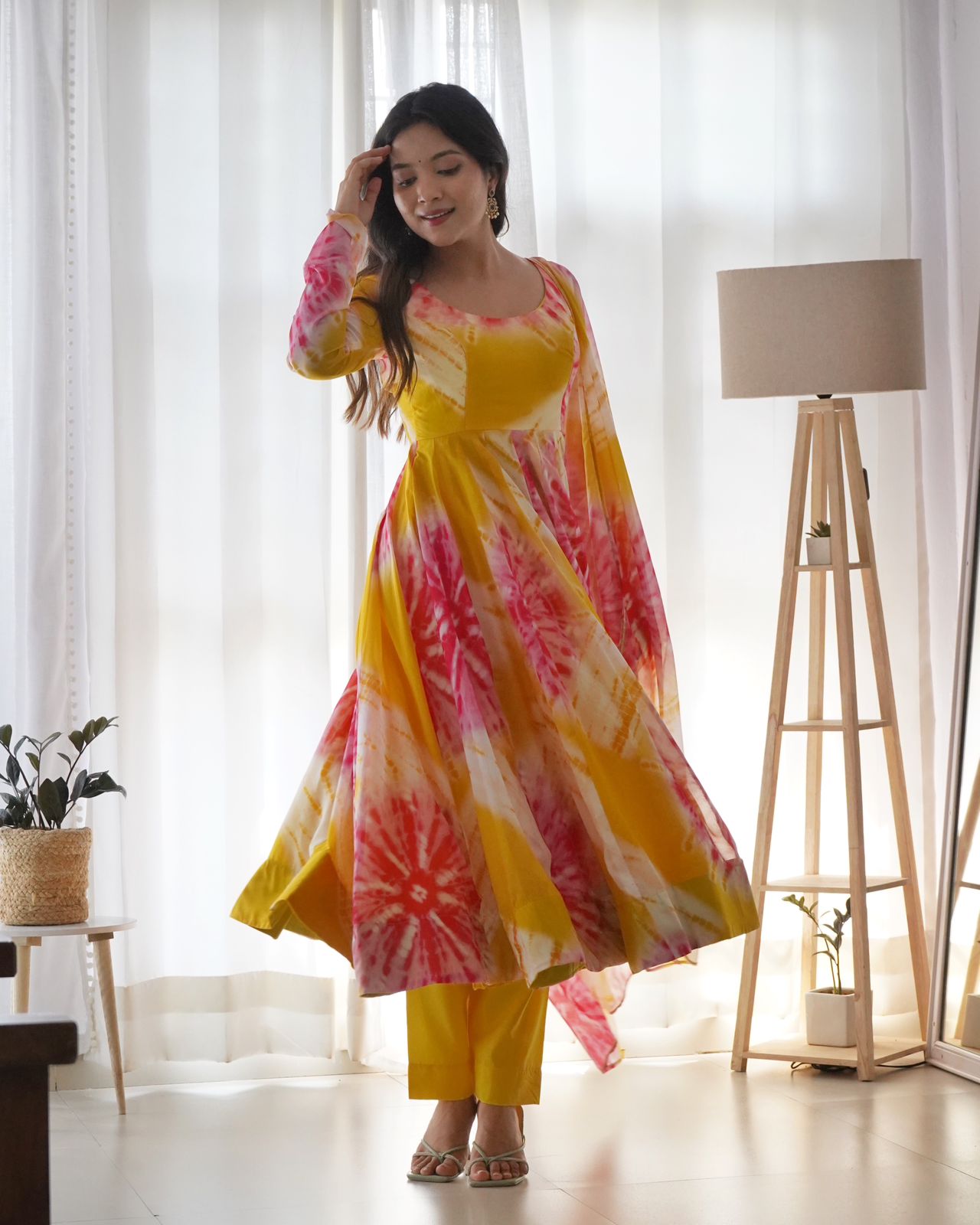 Yellow-Pink Organza Printed Anarkali - Shopaholics Choice