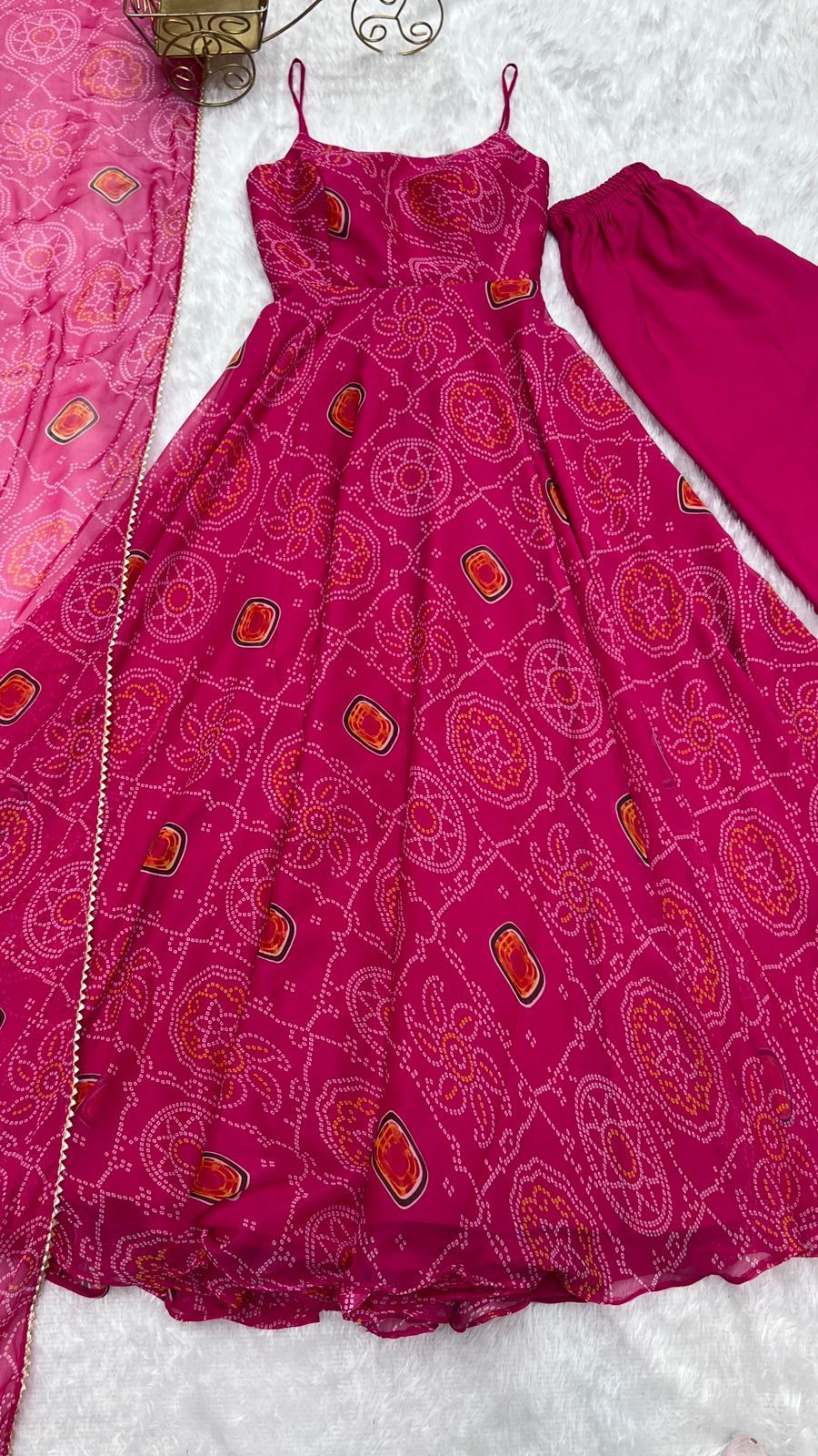 DarkPink Chiffon Bandhej Anarkali Suit - Shopaholics Choice