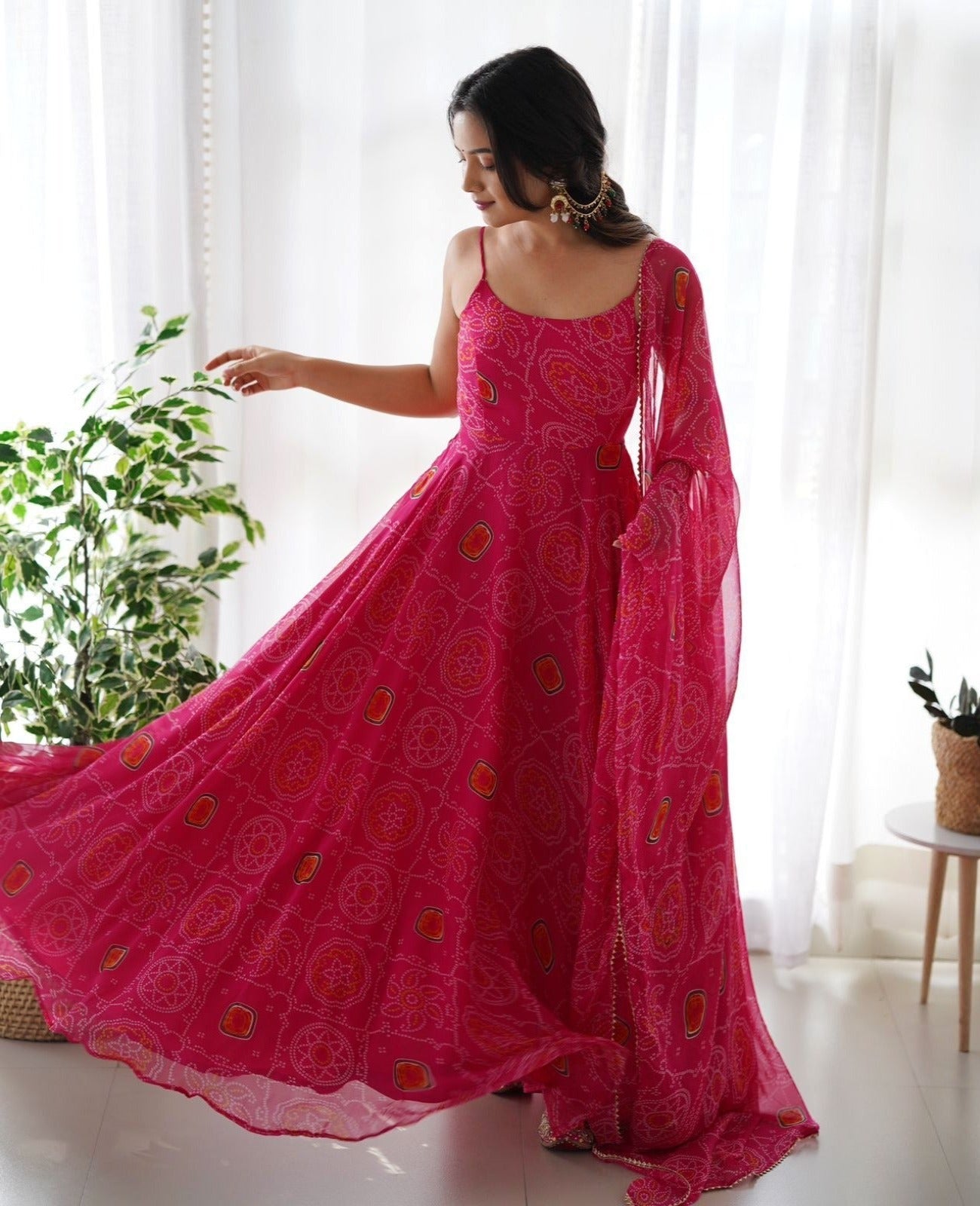 DarkPink Chiffon Bandhej Anarkali Suit - Shopaholics Choice