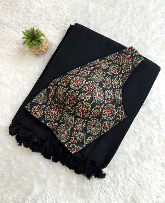 Black Cotton Khadi Tassels Saree - Shopaholics Choice
