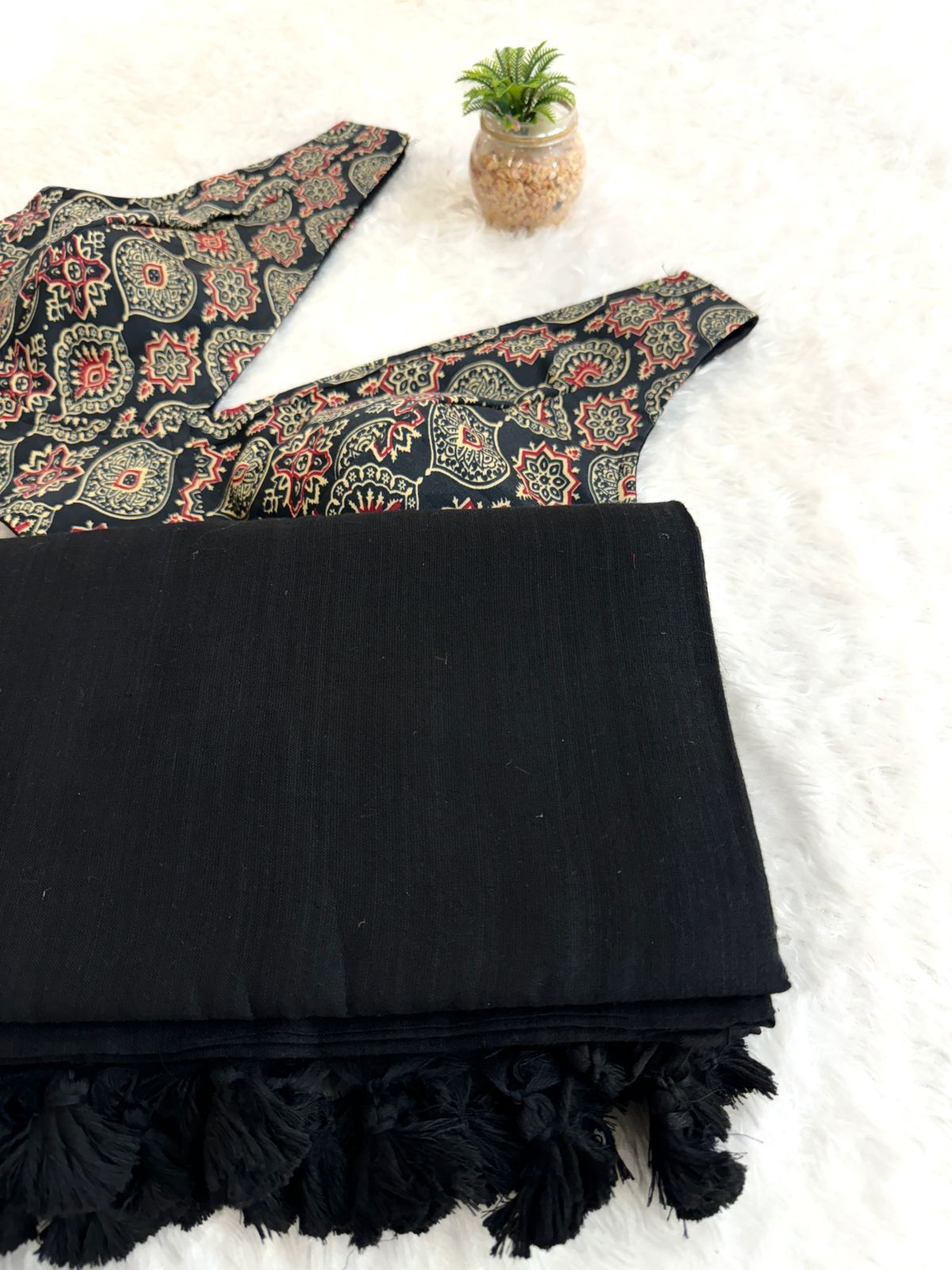 Black Cotton Khadi Tassels Saree - Shopaholics Choice