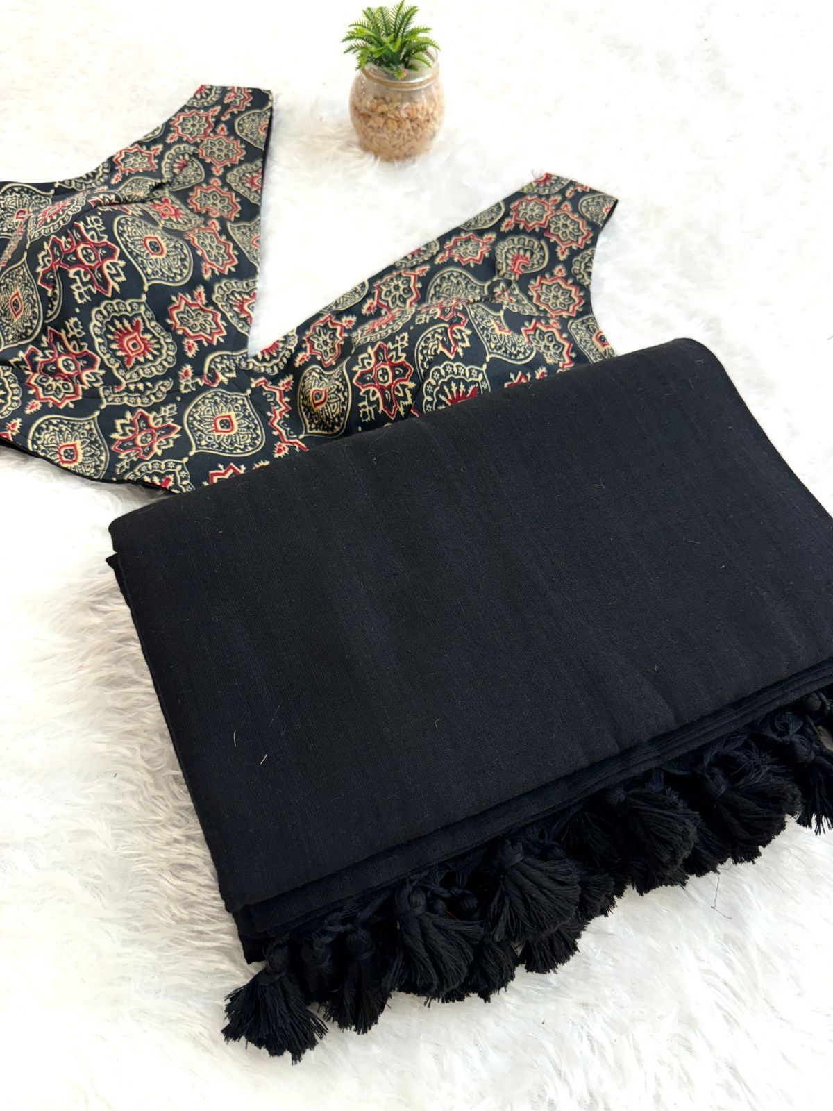 Black Cotton Khadi Tassels Saree - Shopaholics Choice