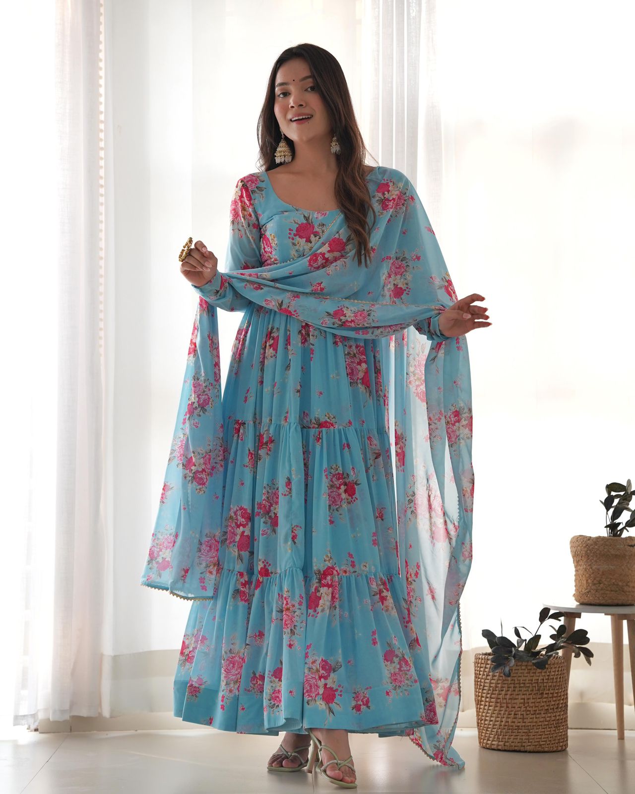 Light Blue Georgette Floral Anarkali Suit - Shopaholics Choice