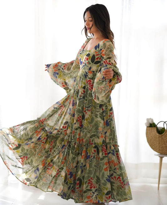 Georgette Floral Balloon Sleeves Gown