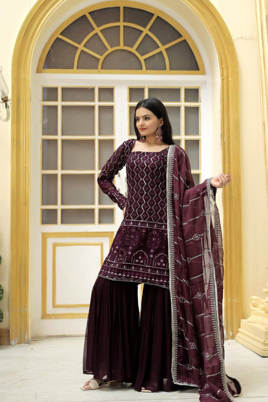 Solidcolour Georgette Zigzag Embroidered Sharara Suit - Shopaholics Choice