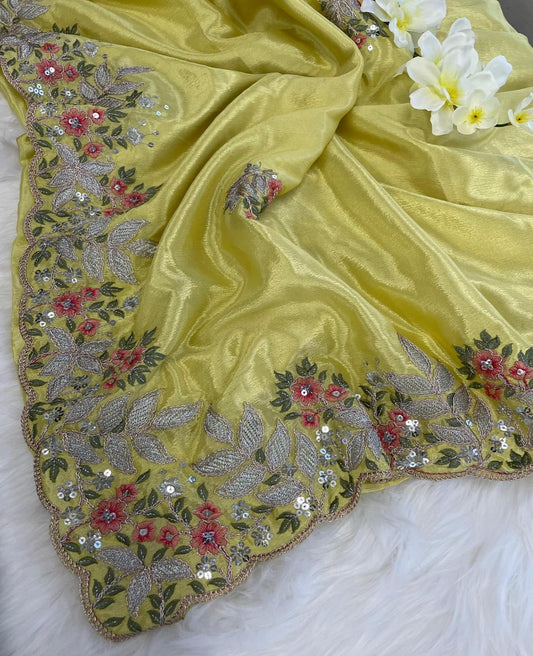 Yellow-Pink Chinon Silk Embroidered Saree
