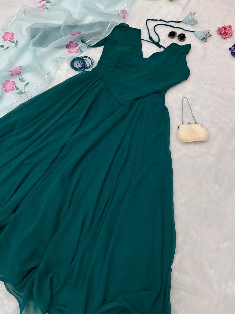 Teal Green Georgette Flared Gown - Shopaholics Choice