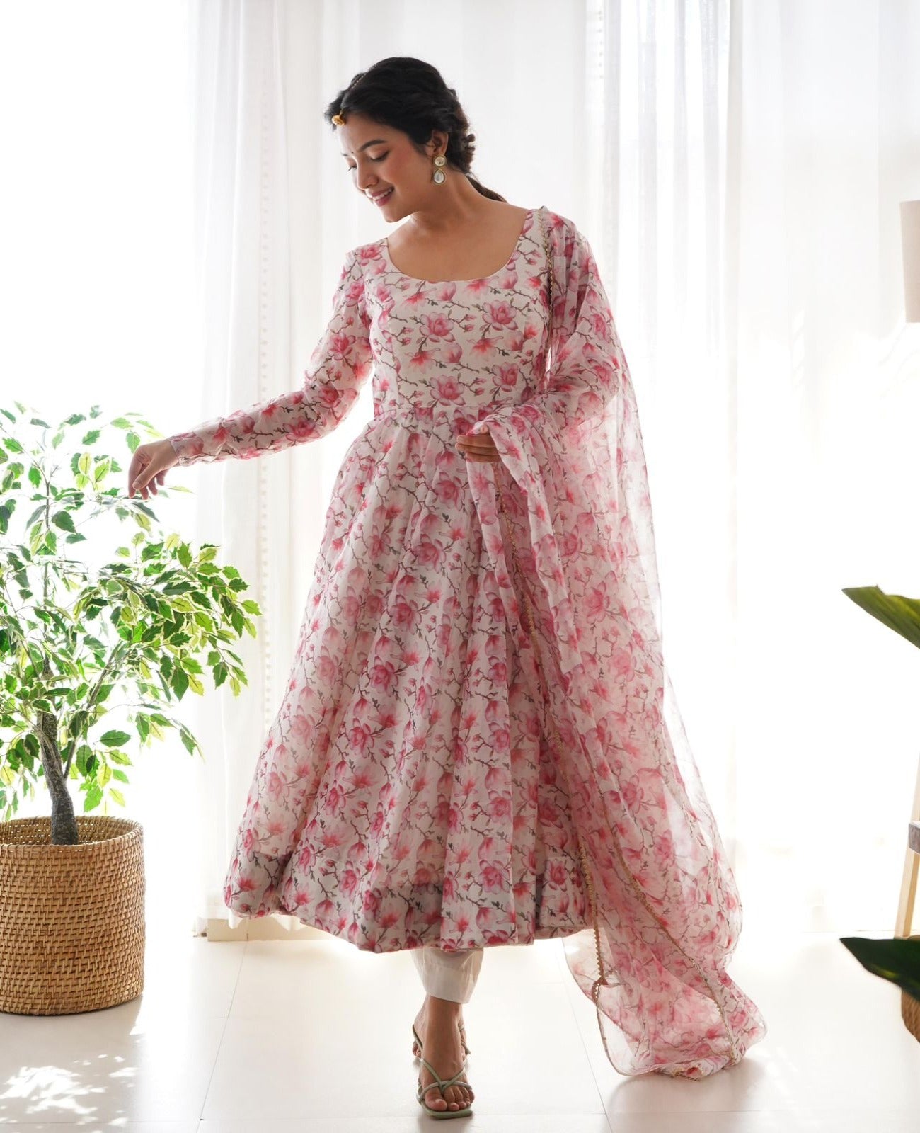 White-Pink Organza Floral Anarkali Suit - Shopaholics Choice