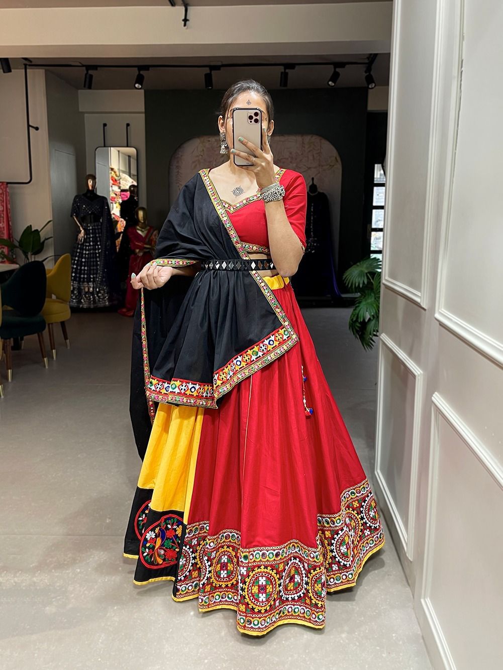 Red-Black Cotton Gamthi Work Navaratri Lehnga - Shopaholics Choice