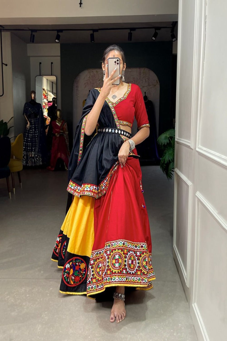 Red-Black Cotton Gamthi Work Navaratri Lehnga - Shopaholics Choice