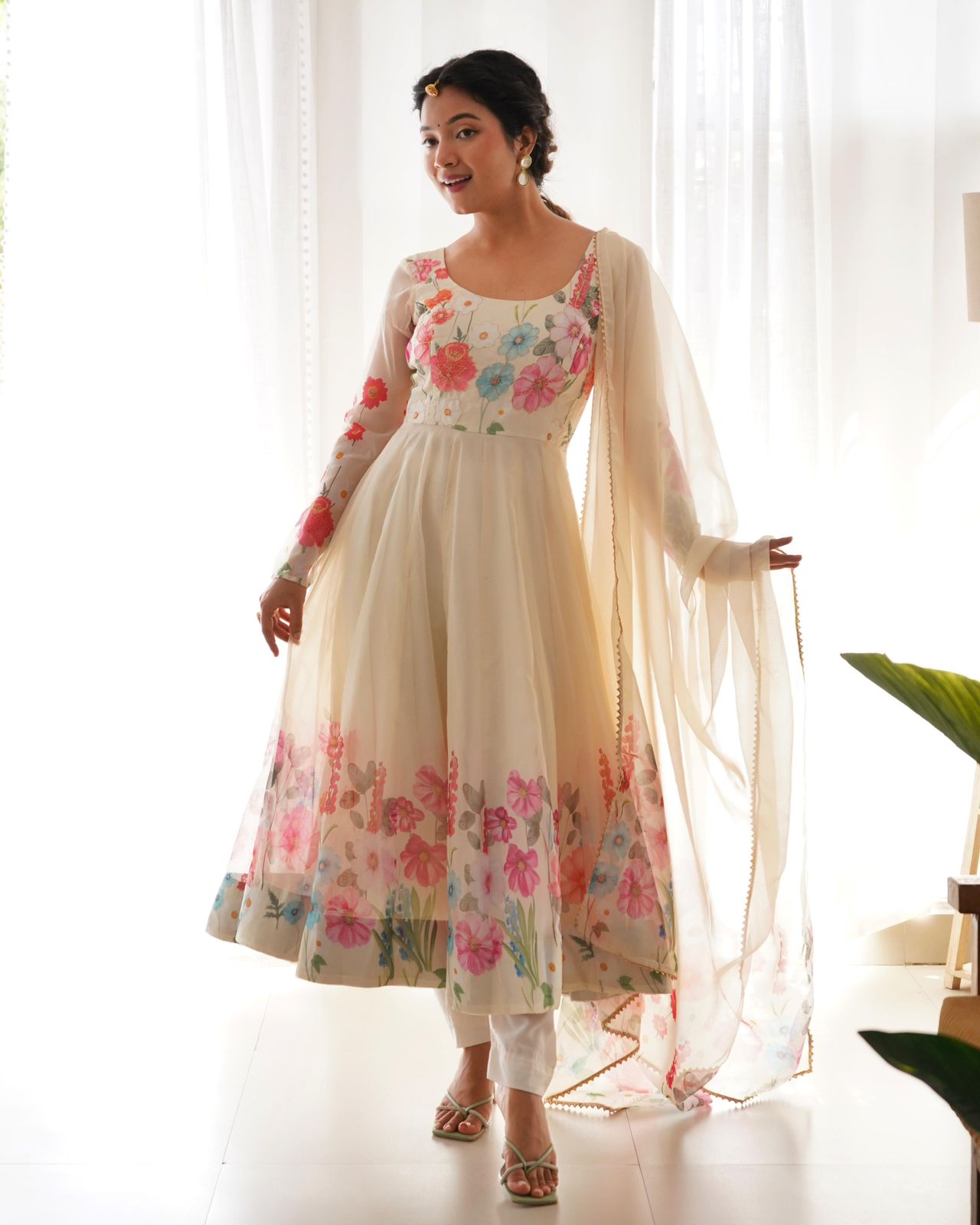Buy White Floral Print Anarkali Suit Set Online - RK India Store View