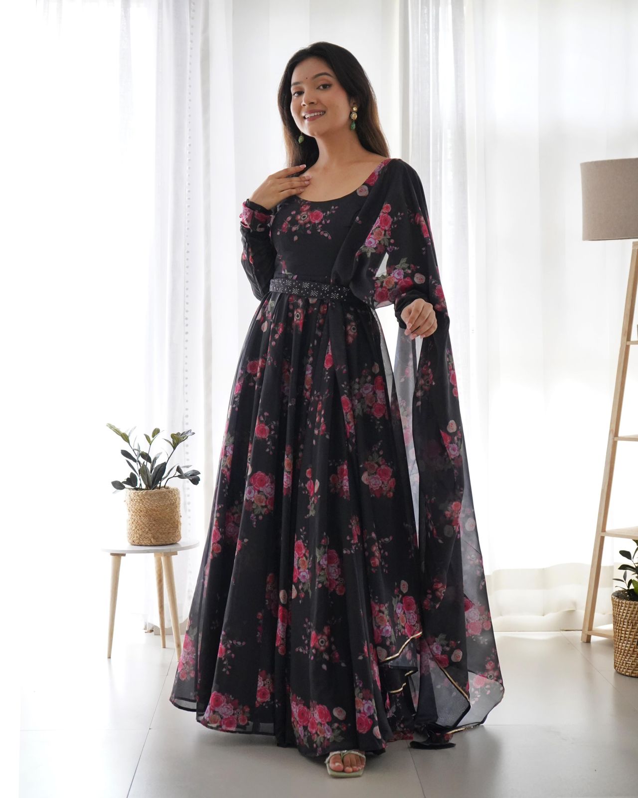 Black Soft Organza Floral Belted Anarkali - Shopaholics Choice