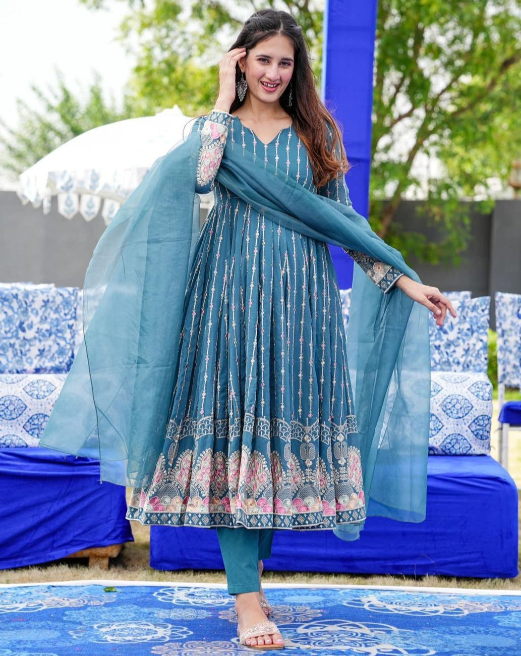 Light Teal Blue Georgette Embroidery Suit - Shopaholics Choice