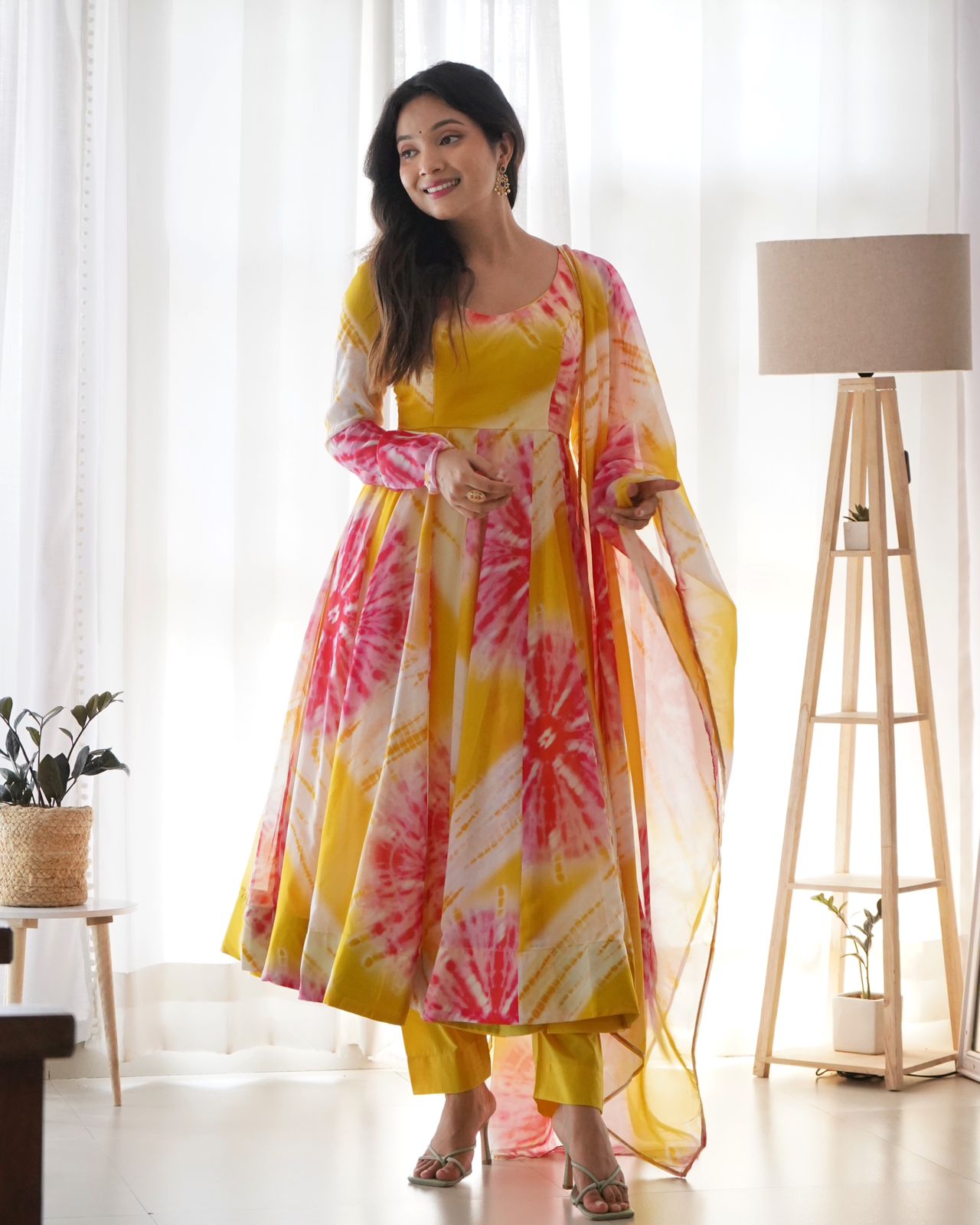 Yellow-Pink Organza Printed Anarkali - Shopaholics Choice