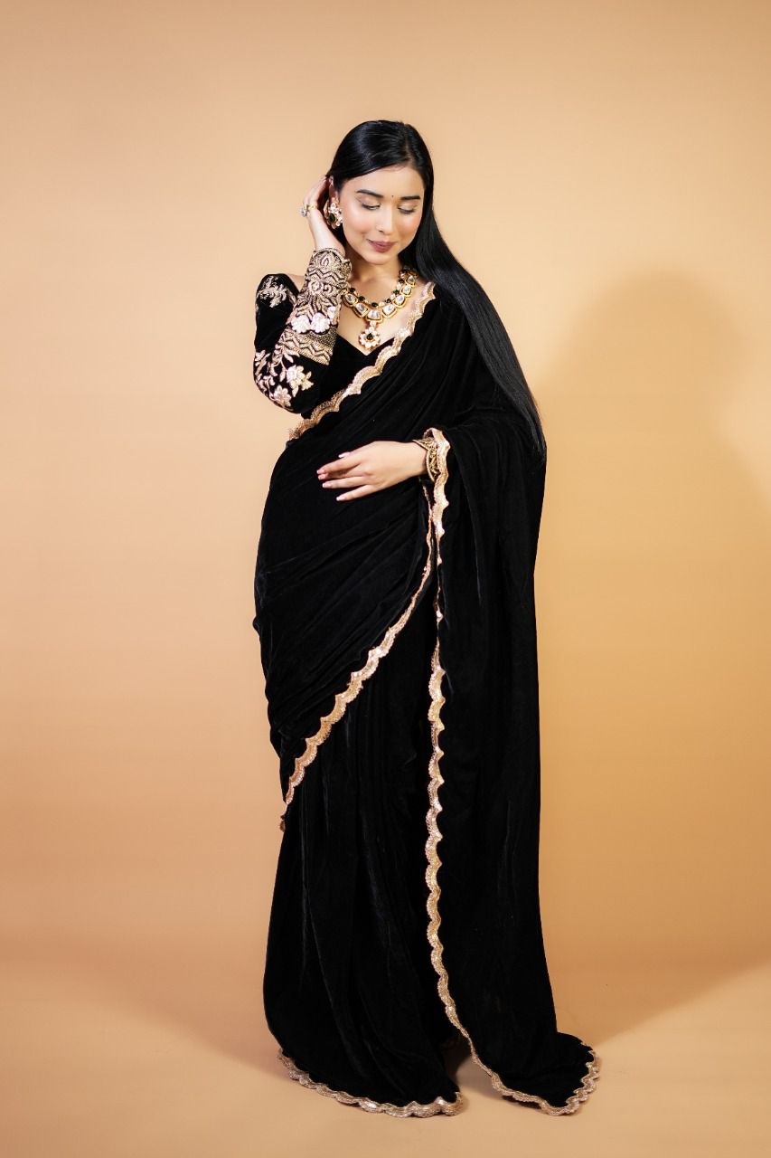 Black Velvet Sequins Predrapped Saree - Shopaholics Choice