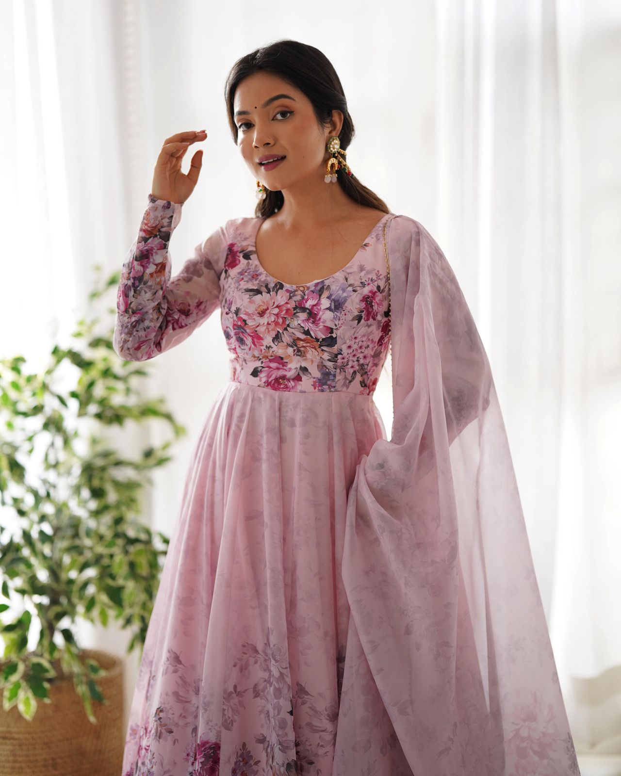 Pink Organza Silk Printed Anarkali Suit - Shopaholics Choice