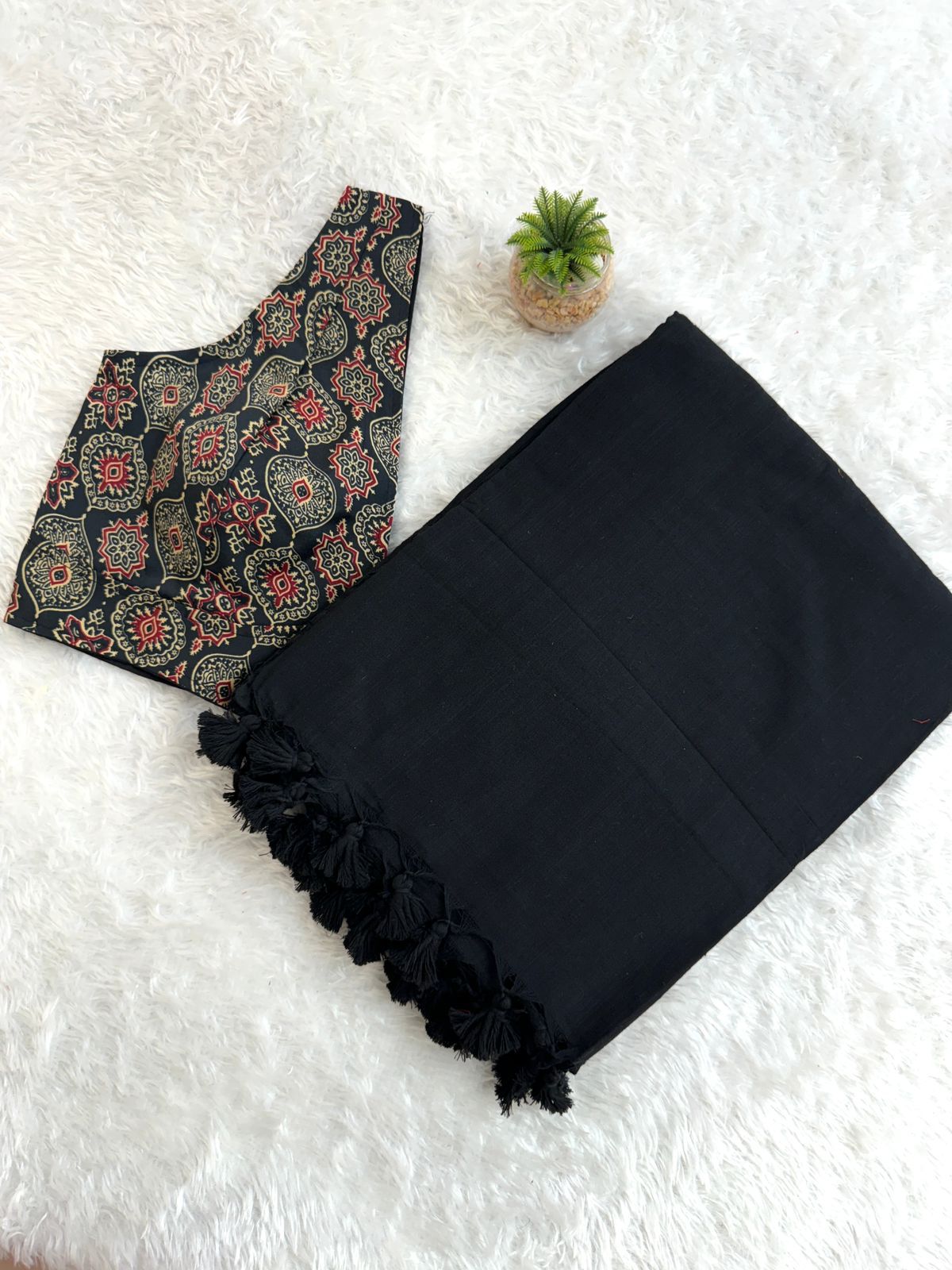 Black Cotton Khadi Tassels Saree - Shopaholics Choice