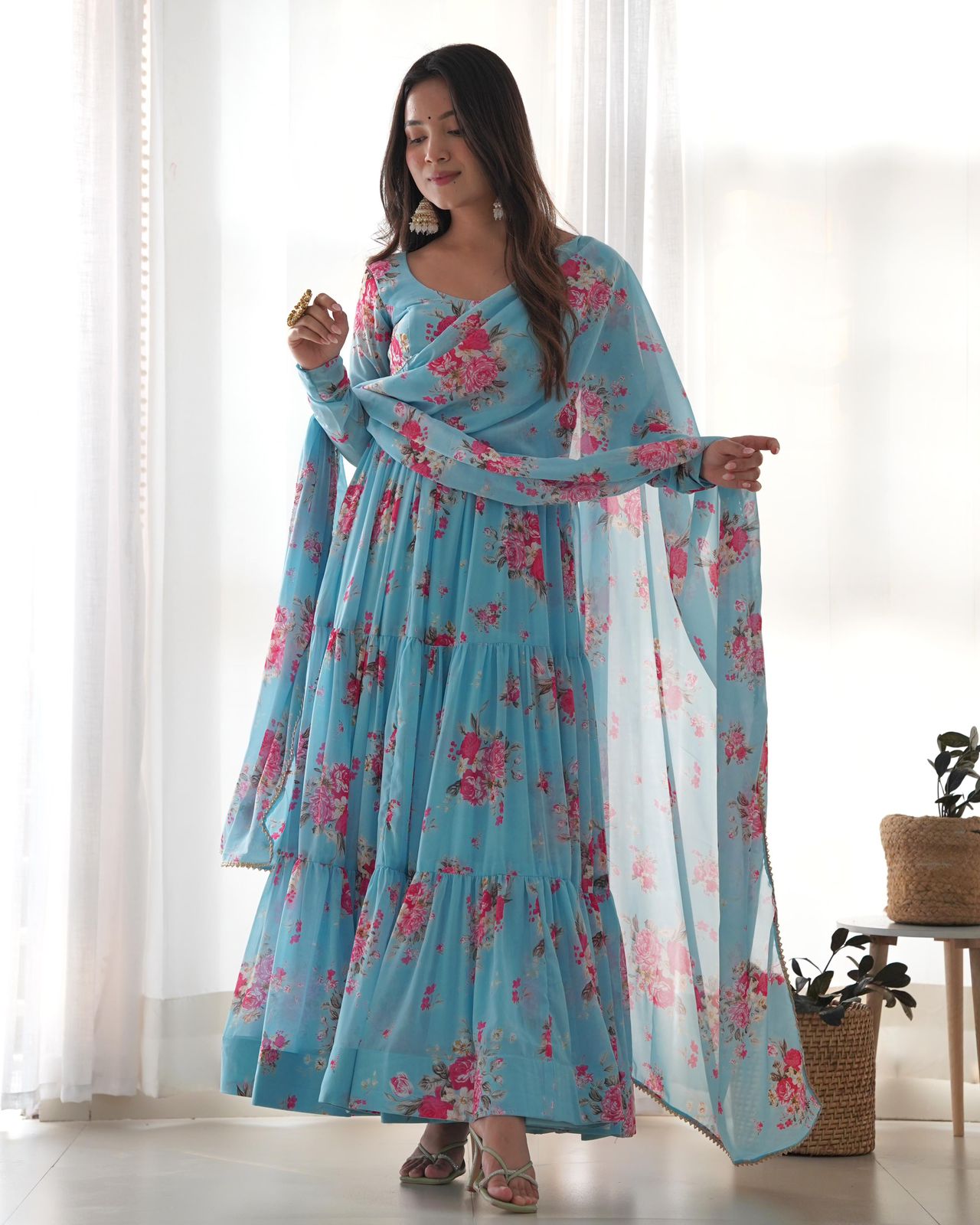 Light Blue Georgette Floral Anarkali Suit