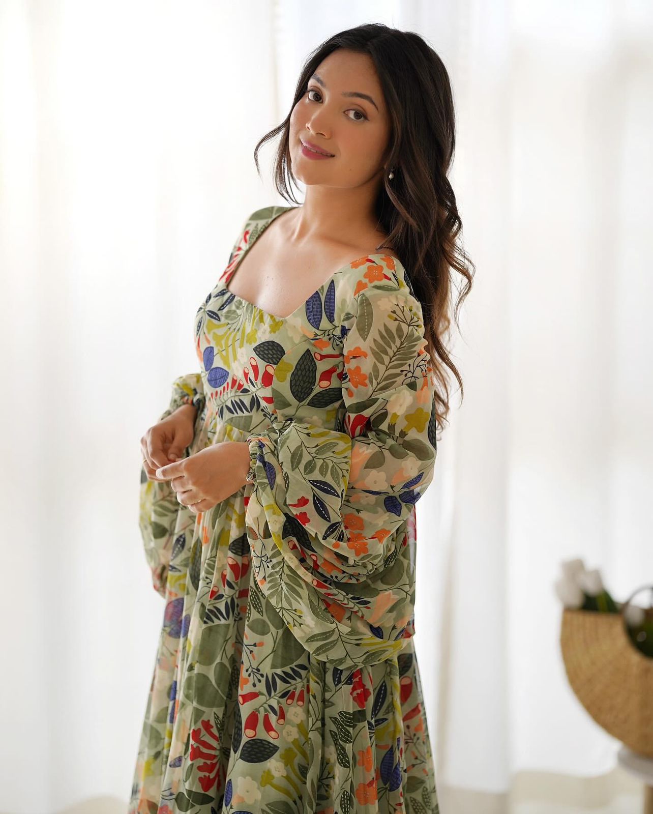 Georgette Floral Balloon Sleeves Gown - Shopaholics Choice