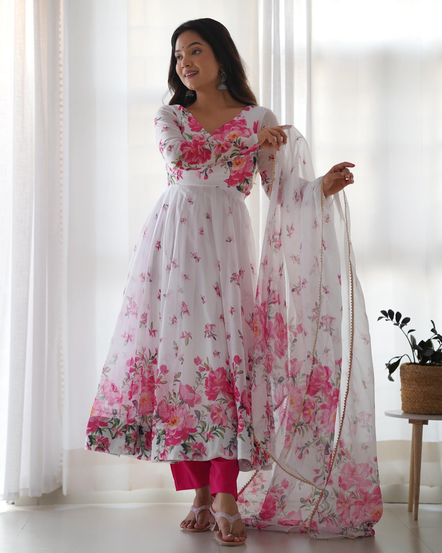 White-Pink Organza Floral Anarkali Suit - Shopaholics Choice