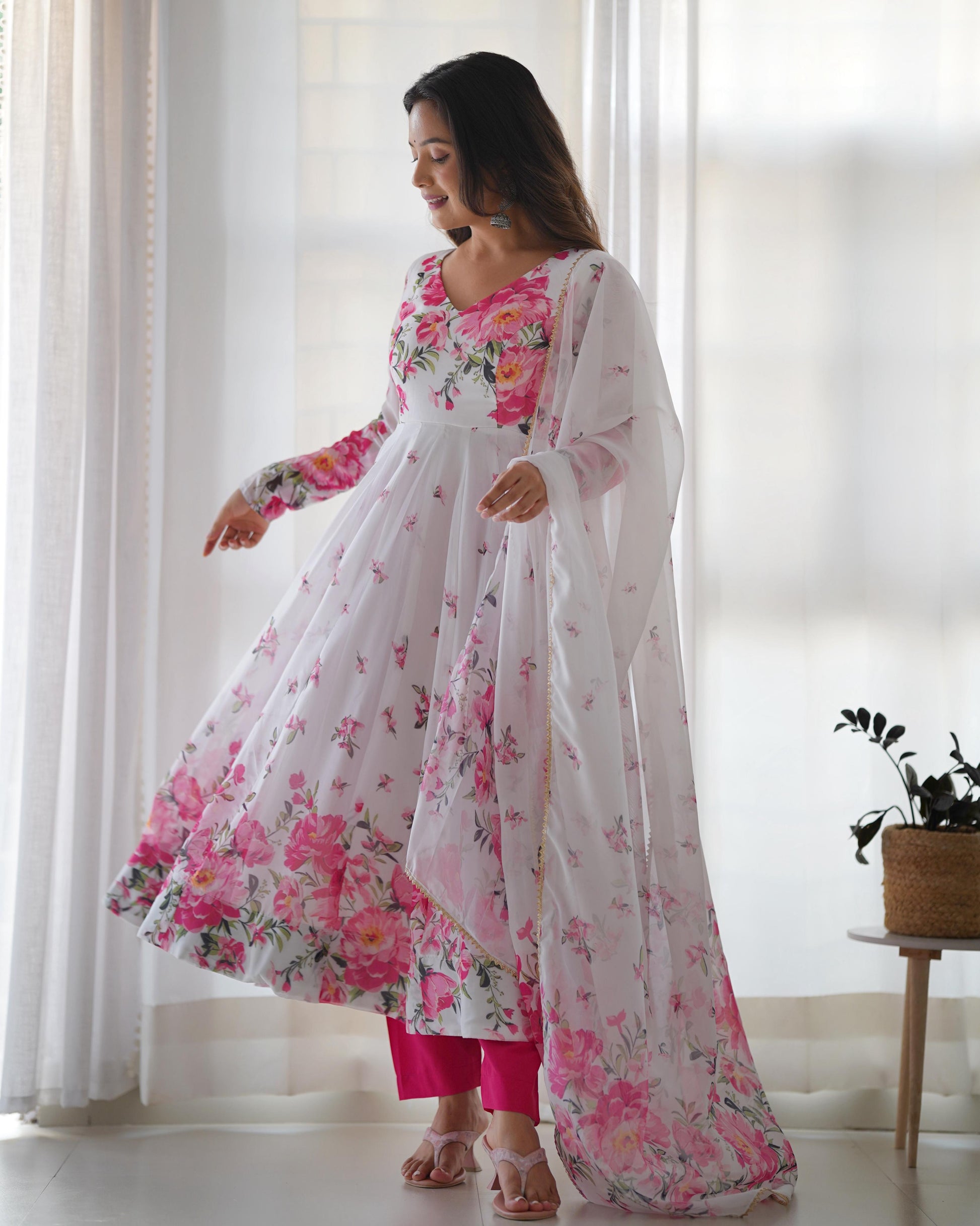 White-Pink Organza Floral Anarkali Suit - Shopaholics Choice