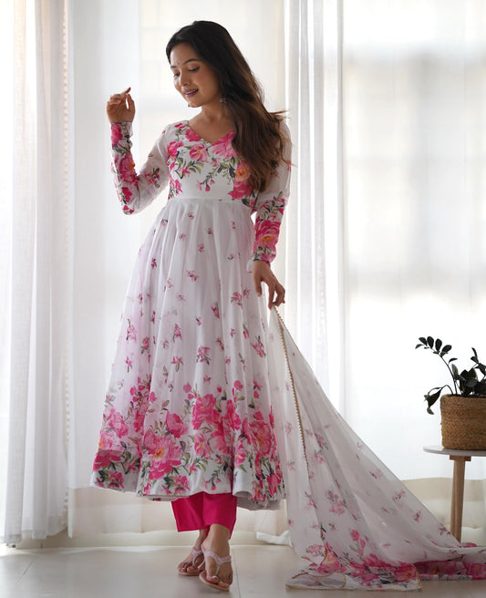 White-Pink Organza Floral Anarkali Suit - Shopaholics Choice