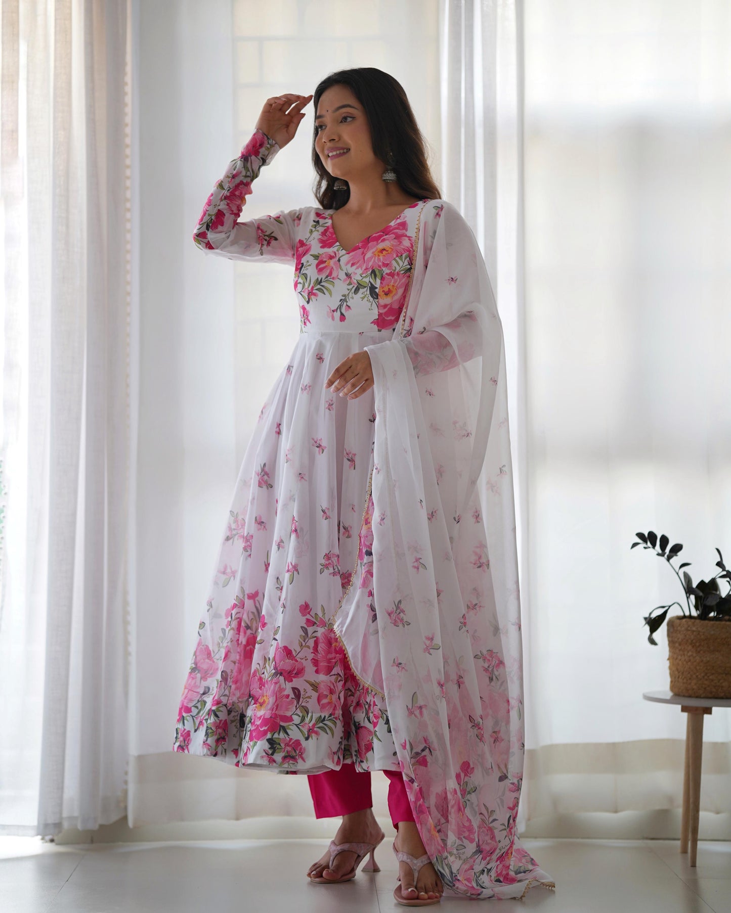 White-Pink Organza Floral Anarkali Suit - Shopaholics Choice