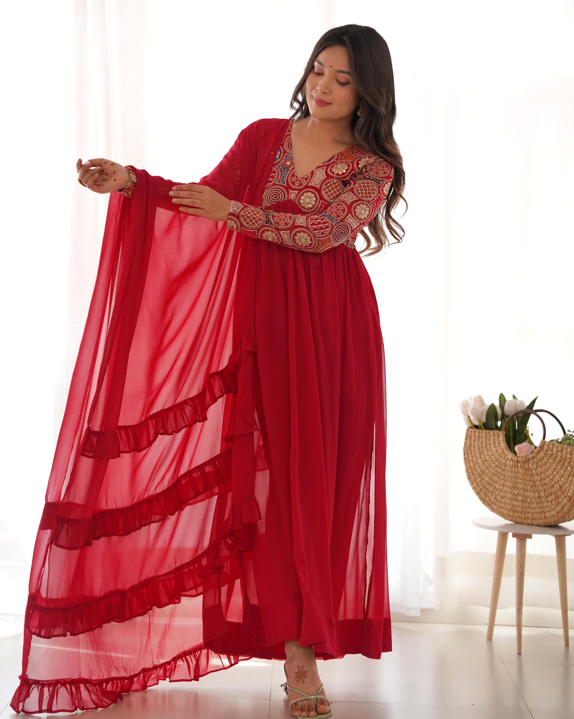 Pinkish Red Georgette Needle Embroidery Anarkali Suit - Shopaholics Choice