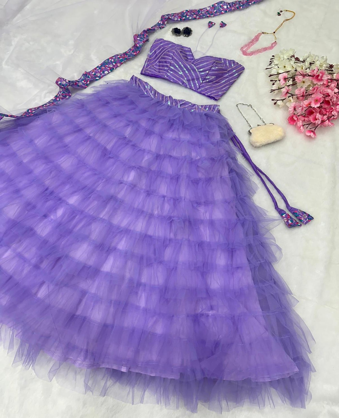 lavender Nylon Net Frill Lehnga - Shopaholics Choice