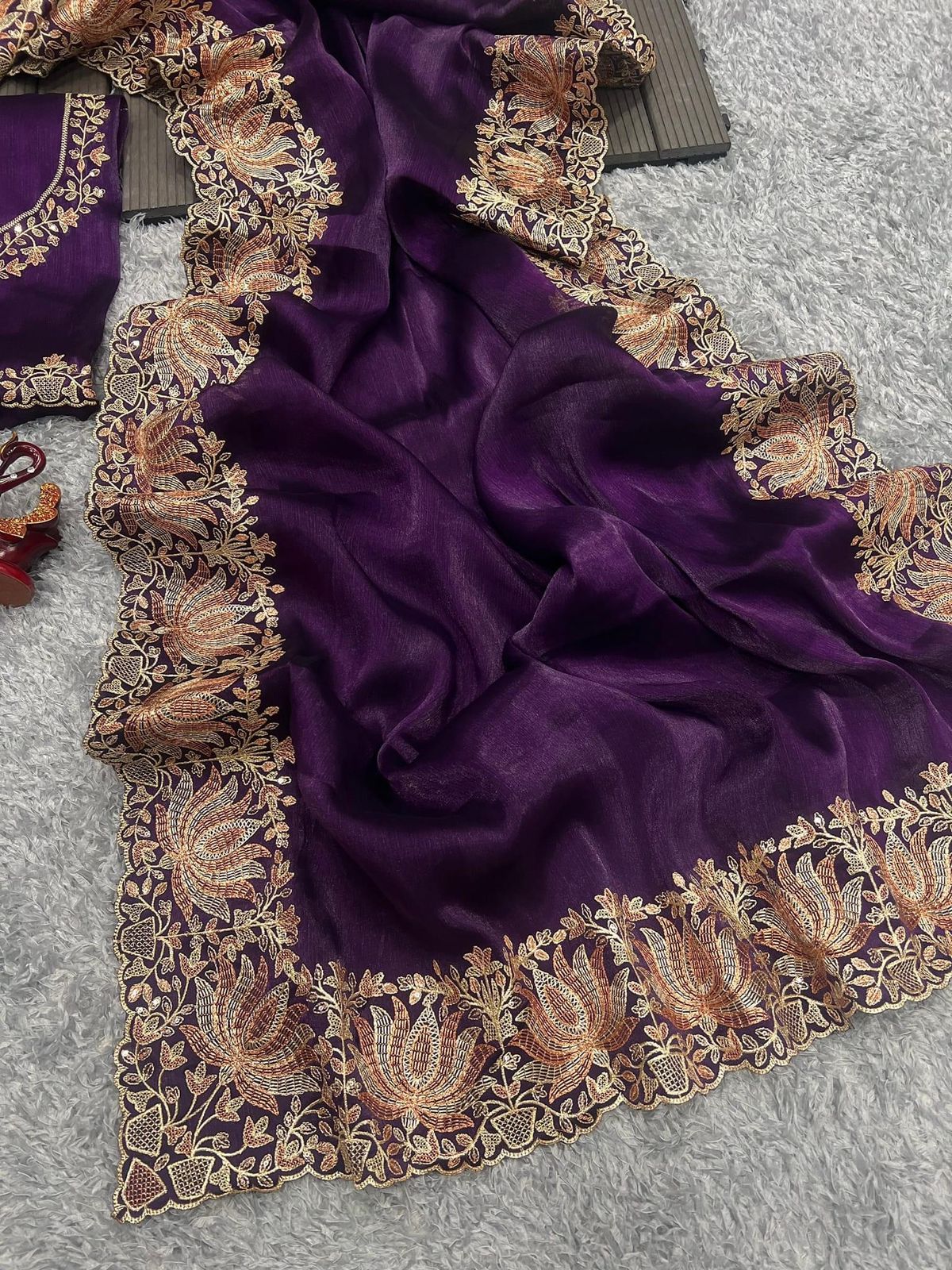 Dark Purple Burberry Silk Zari Work Saree - Shopaholics Choice