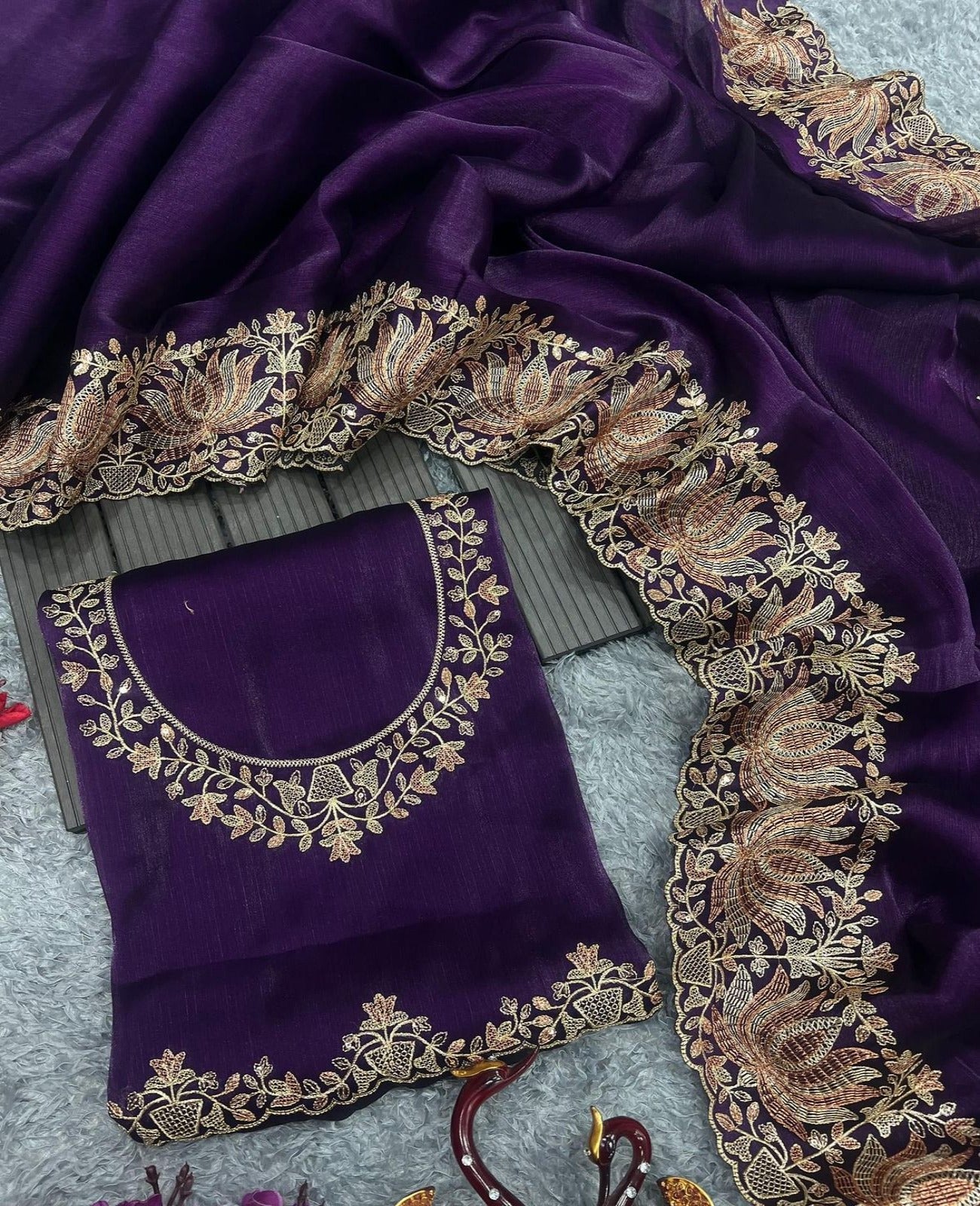 Dark Purple Burberry Silk Zari Work Saree - Shopaholics Choice