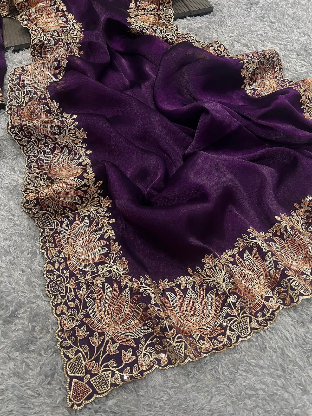 Dark Purple Burberry Silk Zari Work Saree - Shopaholics Choice