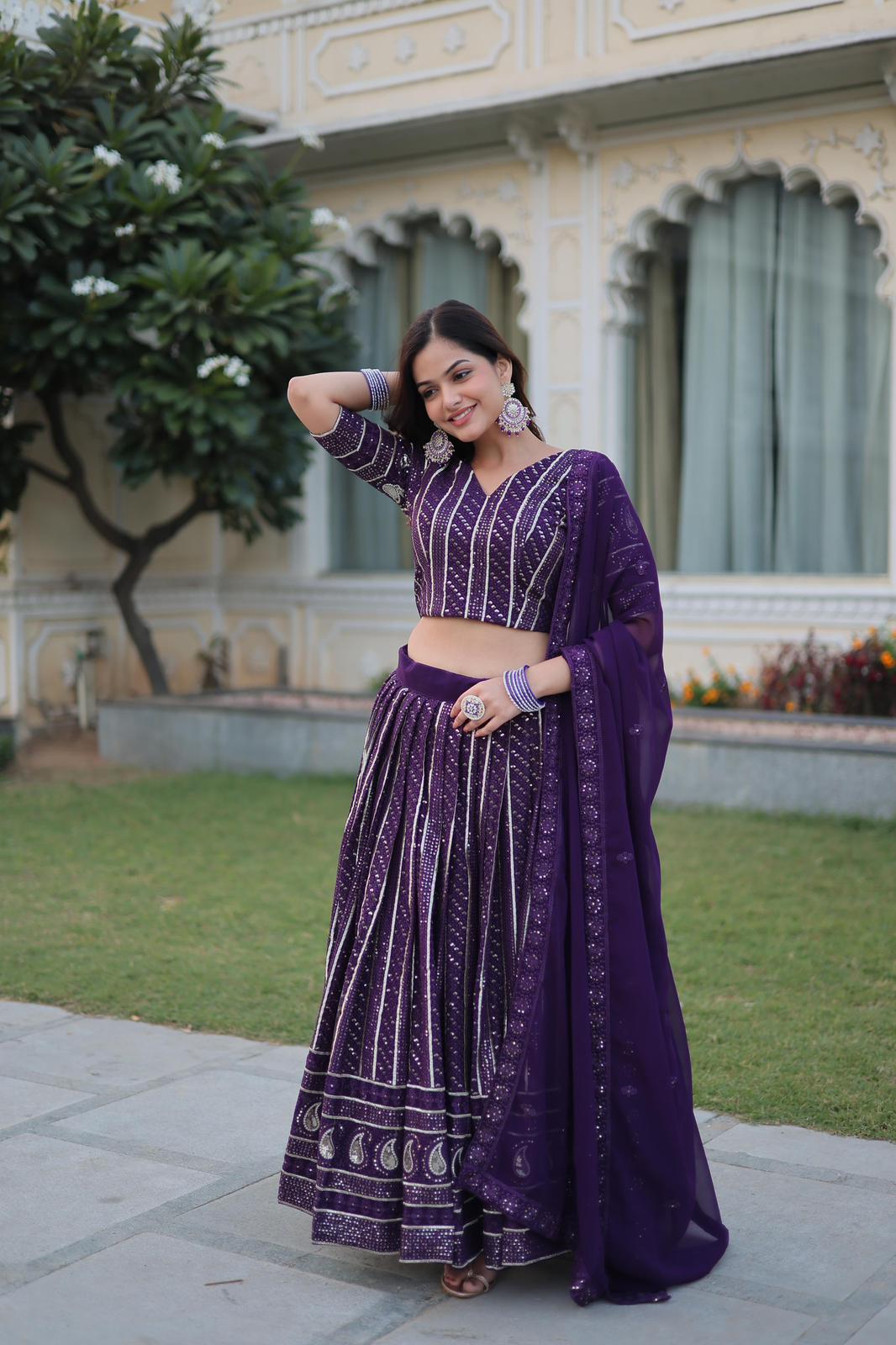 Dark Violet Blooming Embroidery Work Lehnga - Shopaholics Choice