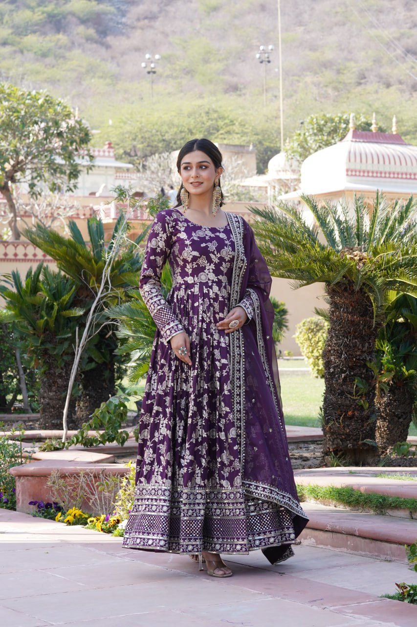 Viscose Jacquard Embroidered Gown - Shopaholics Choice