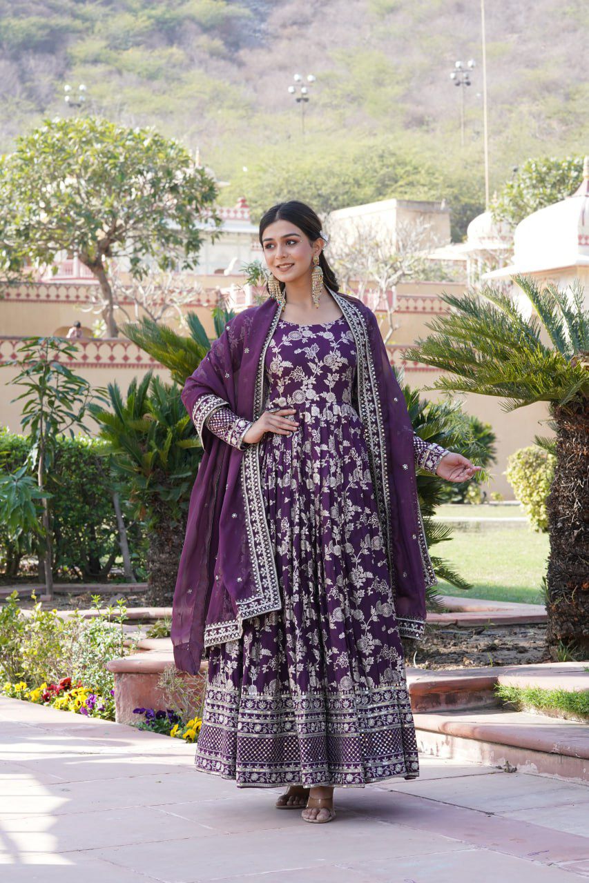 Viscose Jacquard Embroidered Gown - Shopaholics Choice