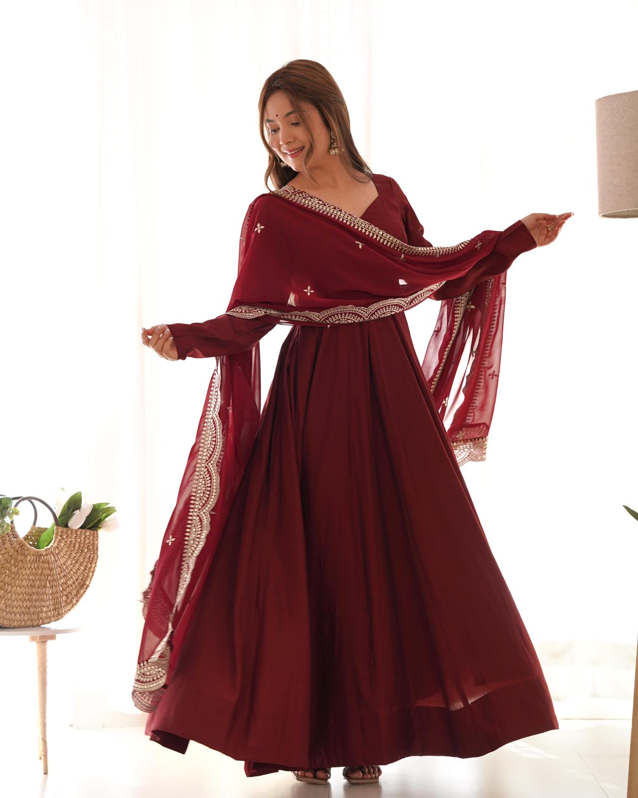 Dark Maroon Roman silk Flared Anarkali - Shopaholics Choice