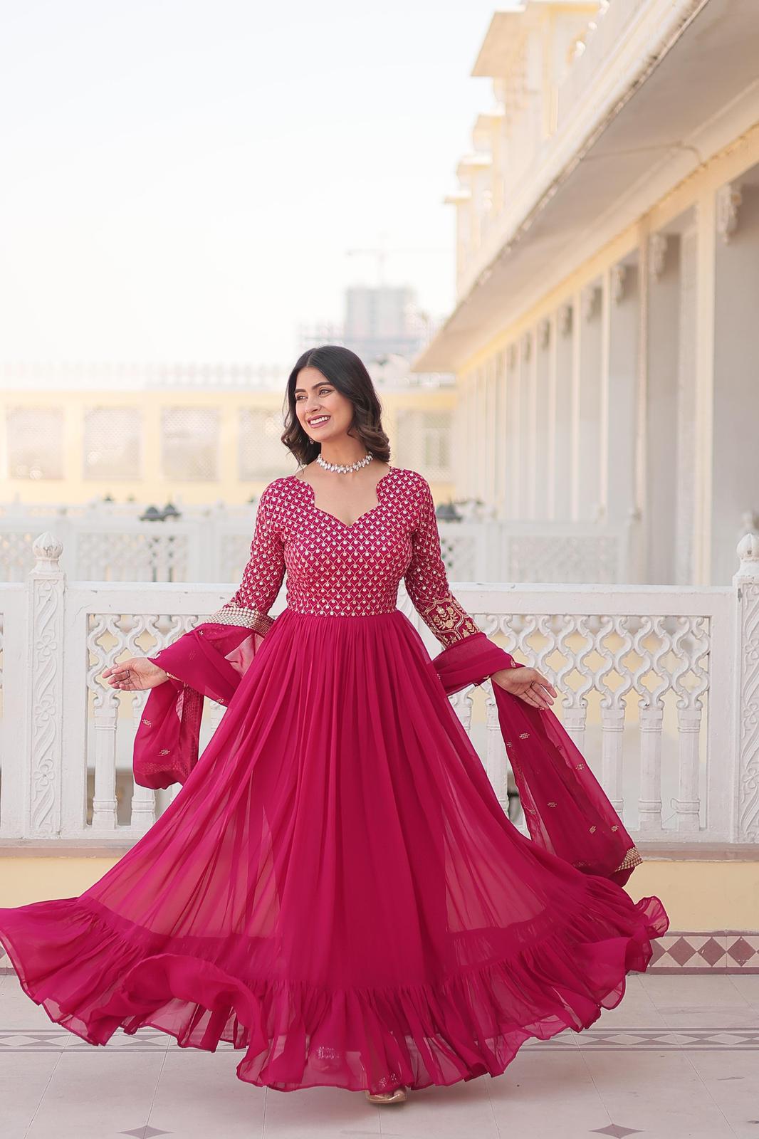 Solidcolour Blooming Multiple Embroidery Anarkali Gown - Shopaholics Choice