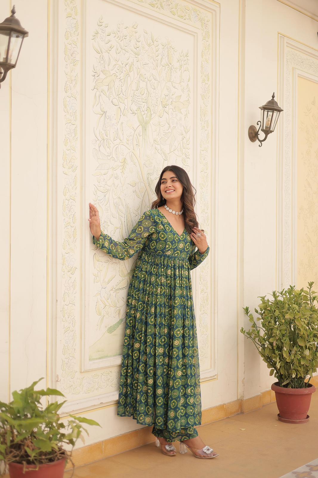 Solid Colour Georgette Foil Work Kurta Set