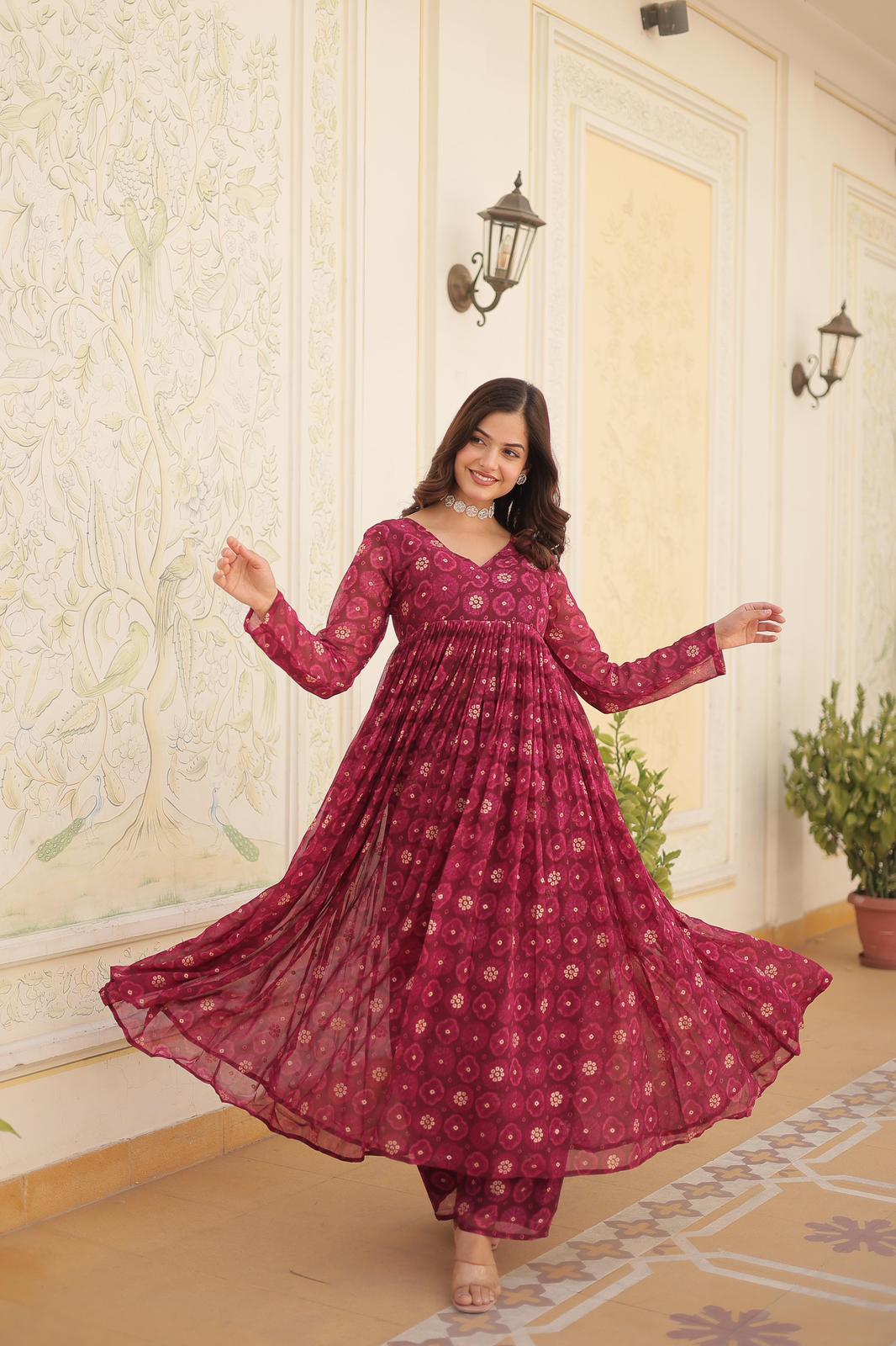 Solid Colour Georgette Foil Work Kurta Set