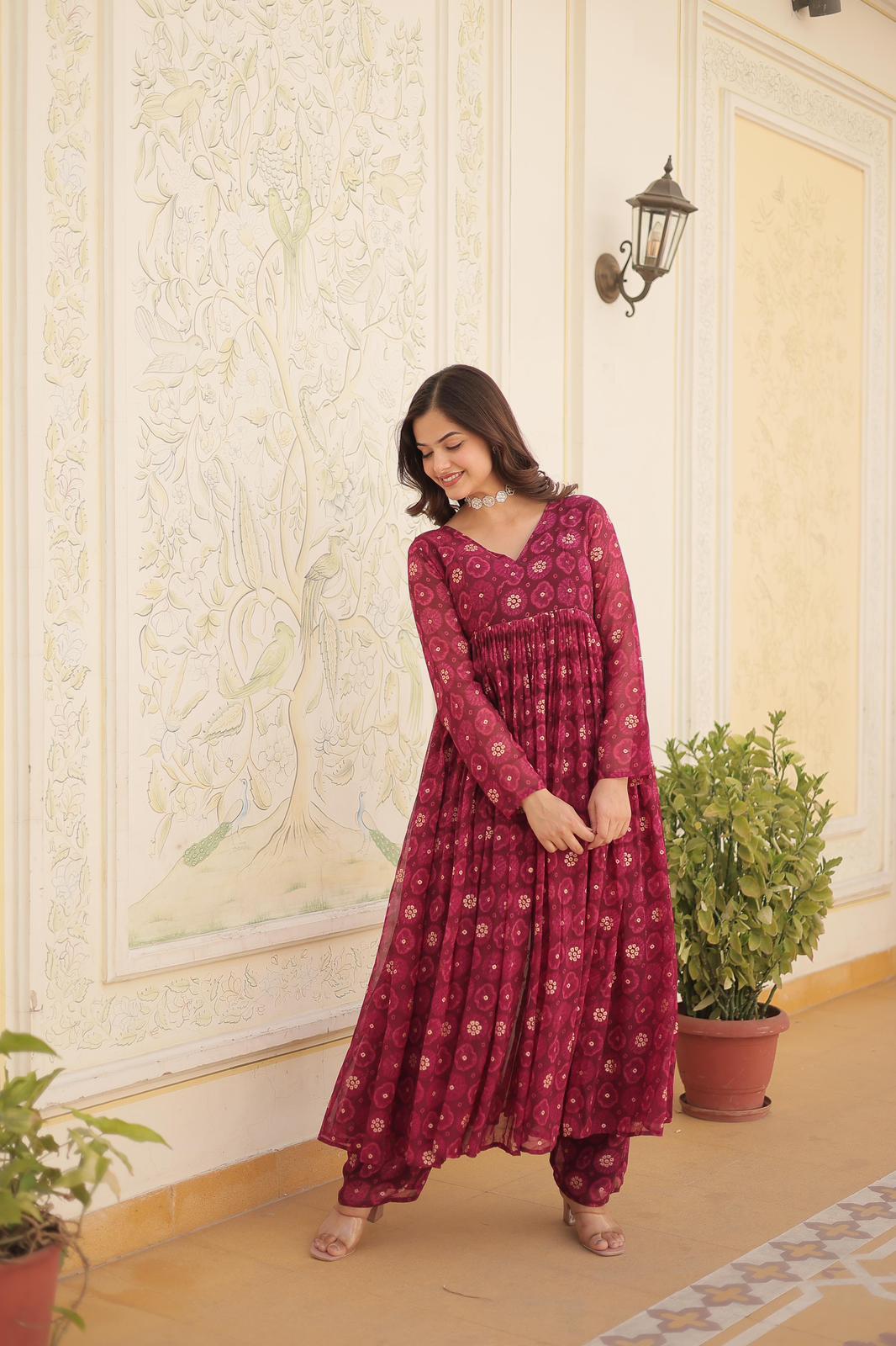 Solid Colour Georgette Foil Work Kurta Set