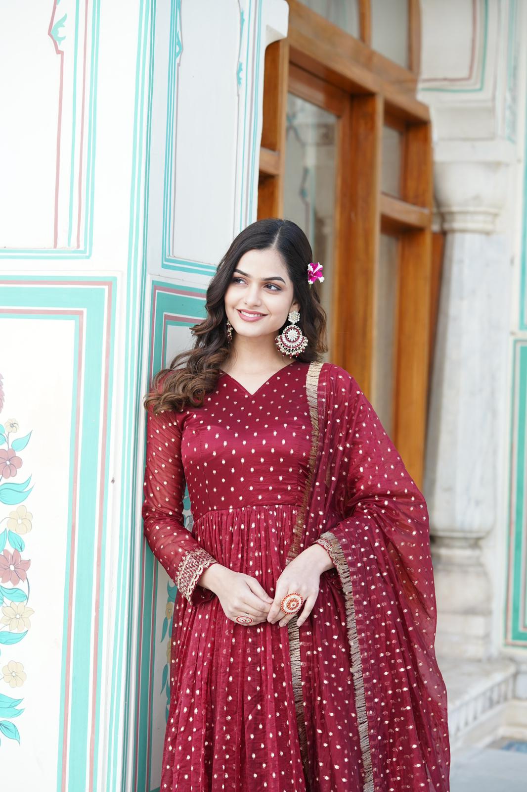 Nylon Jacquard Butti Work Anarkali Gown