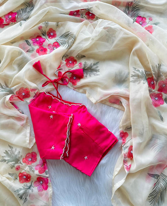 White-Pink Organza Handcrafted Saree