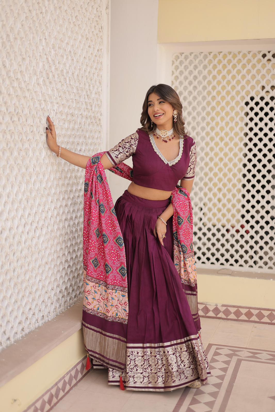 Solidcolour Viscose Jacquard Lehnga Choli